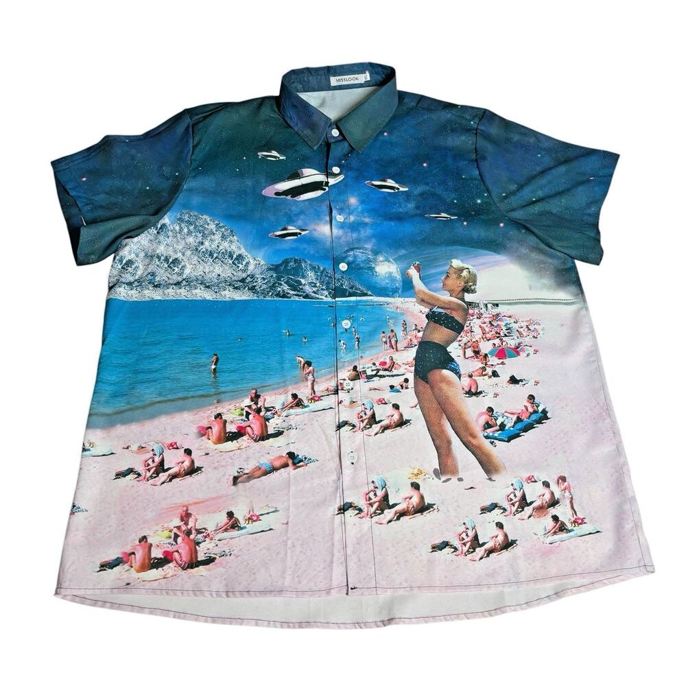 Misslook Men’s UFO Beach Button Up Camp Shirt XXL Retro Sci-Fi Surreal Novelty